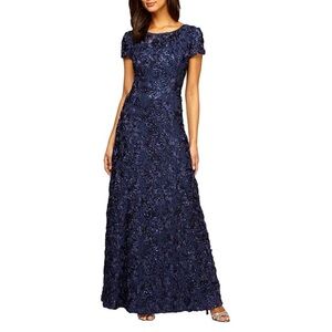 Alex Evenings Blue Sequin Rosette Dress Short Sleeve Cocktail Gown Size 8